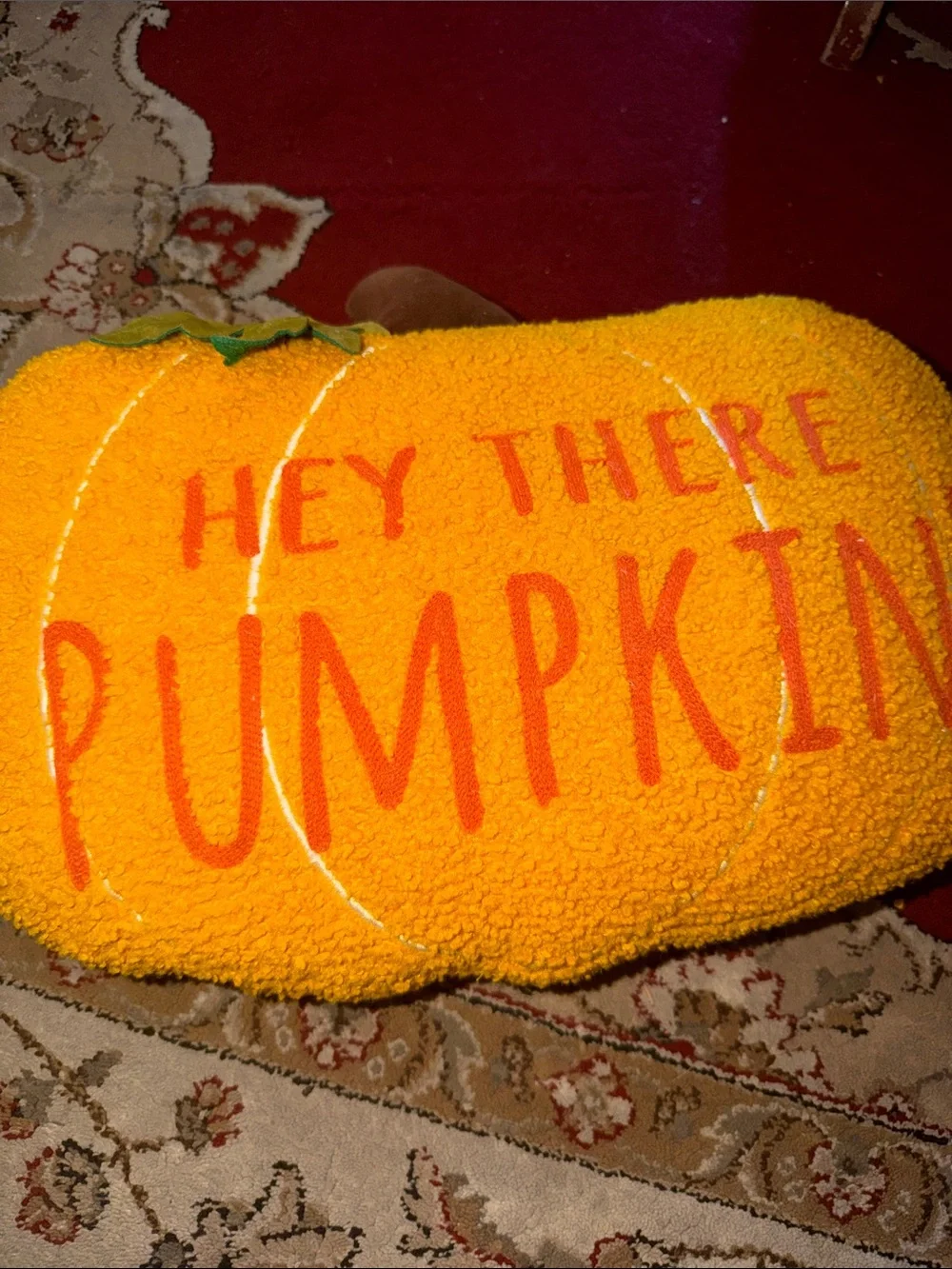 Hey There Pumpkin Plush Pillow - Yellow with Orange Lettering